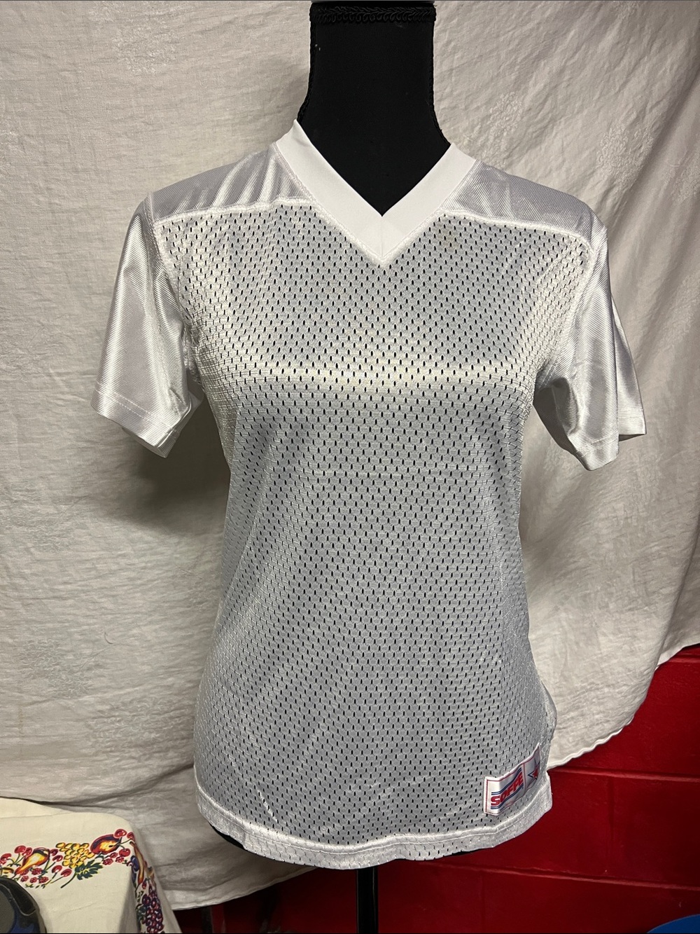 Women's White Mesh V-Neck Jersey Top S